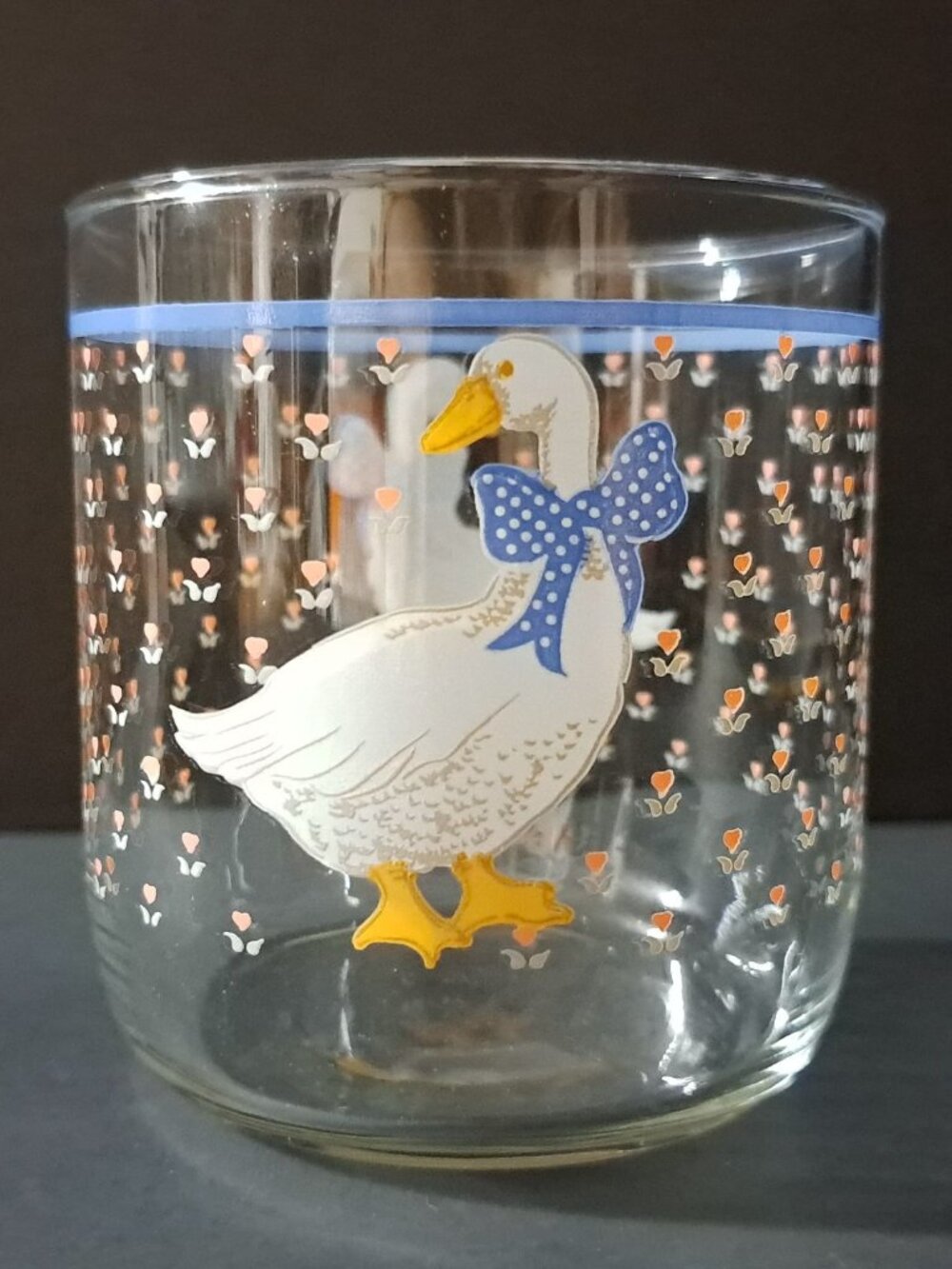 Libbey 1980s Country Goose Glass Tumbler 3 3/8" Blue Bow Tulips Vintage USA